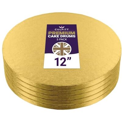 Culpitt 12" Premium Cake Boards 5 Pack Gold Round Cake Drums For Tray Bakes, Cakes, And Cupcake Displays, 12mm Thick, Made In UK Pack Of 5 Culpitt 12" Premium Cake Boards 5 Pack Gold Round Cake Drums For Tray Bakes, Cakes, And Cupcake Displays, 12mm Thick, Made In UK Pack Of 5