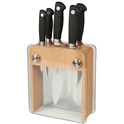 Mercer Culinary M20050 Genesis 6-Piece Stainless Steel Forged Knife Block Set in Wood Block with Tempered Glass, Black Mercer Culinary M20050 Genesis 6-Piece Stainless Steel Forged Knife Block Set in Wood Block with Tempered Glass, Black