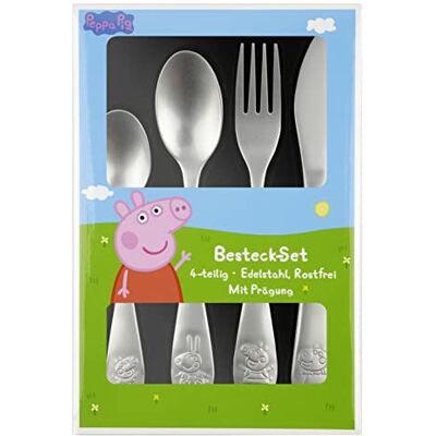 p:os Peppa Pig Children's Cutlery Set, 4 Piece Cutlery Set with Knife, Fork, Soup Spoon and Dessert Spoon, Embossed Stainless Steel Cutlery p:os Peppa Pig Children's Cutlery Set, 4 Piece Cutlery Set with Knife, Fork, Soup Spoon and Dessert Spoon, Embossed Stainless Steel Cutlery