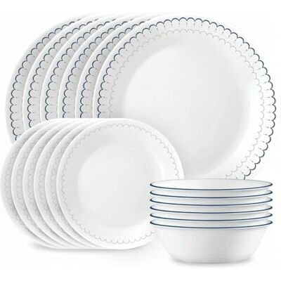 Corelle 18-Piece Dinnerware Set, Service for 6, Lightweight Round Plates and Bowls Set, Vitrelle Triple Layer Glass, Chip Resistant, Microwave and Dishwasher Safe, Caspian Corelle 18-Piece Dinnerware Set, Service for 6, Lightweight Round Plates and Bowls Set, Vitrelle Triple Layer Glass, Chip Resistant, Microwave and Dishwasher Safe, Caspian