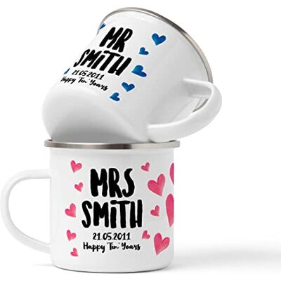 WOWZ DESIGN & PRINT DESIGN LTD Personalised Mr & Mrs Enamel Tin Mugs, Newlyweds Wedding Gifts, 10 Year Anniversary Tin Mug Set, Coffee, Tea, Hot Cup for Camping, Fishing, Picnic, Outdoor Adventures WOWZ DESIGN & PRINT DESIGN LTD Personalised Mr & Mrs Enamel Tin Mugs, Newlyweds Wedding Gifts, 10 Year Anniversary Tin Mug Set, Coffee, Tea, Hot Cup for Camping, Fishing, Picnic, Outdoor Adventures