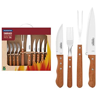Tramontina Steak Cutlery and Carving Set of 10, Sharp Knife with Wooden Handle, Camping, Kitchen, Rustic, 22399037 Tramontina Steak Cutlery and Carving Set of 10, Sharp Knife with Wooden Handle, Camping, Kitchen, Rustic, 22399037