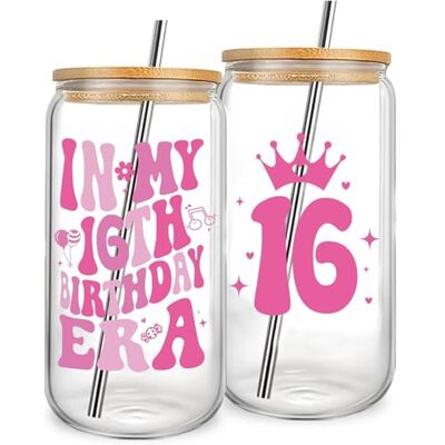 Jars Nova 16th Birthday Gifts for Girls|Personalised Gifts for Women 16oz Glass Cups with Lids and Straws, Aesthetic Tumblers for Teens, Best Friend Sister Anniversary Glasses Jars Nova 16th Birthday Gifts for Girls|Personalised Gifts for Women 16oz Glass Cups with Lids and Straws, Aesthetic Tumblers for Teens, Best Friend Sister Anniversary Glasses