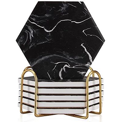 Deceram 6 Pcs Cool Black Marble Coasters With Holder Hexagon Absorbent Modern Ceramic Set Best Stone Drink Coasters for Beverage, Coffee Table, Cup, Bar Deceram 6 Pcs Cool Black Marble Coasters With Holder Hexagon Absorbent Modern Ceramic Set Best Stone Drink Coasters for Beverage, Coffee Table, Cup, Bar