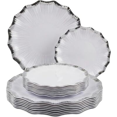 Playlearn Luxia 20Pcs Elegant Reusable White Plastic Plates Flower with Silver Metallic Edge –10 Dinner Plastic Plates and 10 Dessert Plates Set – Stylish Partyware Tableware for Party & Event Playlearn Luxia 20Pcs Elegant Reusable White Plastic Plates Flower with Silver Metallic Edge –10 Dinner Plastic Plates and 10 Dessert Plates Set – Stylish Partyware Tableware for Party & Event
