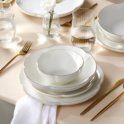 KARACA Flora Modern Plates and Bowls Set White Dinner Plate Set for 6 People, 24-Piece Dinnerware Sets with Dessert, Side Plates & Pasta Bowls Gold Detailing KARACA Flora Modern Plates and Bowls Set White Dinner Plate Set for 6 People, 24-Piece Dinnerware Sets with Dessert, Side Plates & Pasta Bowls Gold Detailing