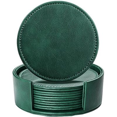 LAMOTI Leather Coasters for Drinks, 4" Drink Coasters Set of 6 with Holder for Tabletop Protection, Handmade Luxurious Home Décor and Housewarming Gift (Green) LAMOTI Leather Coasters for Drinks, 4" Drink Coasters Set of 6 with Holder for Tabletop Protection, Handmade Luxurious Home Décor and Housewarming Gift (Green)