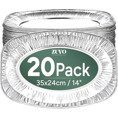 Zuvo Serving Platters for Party Food Pack of 20 Large Aluminium Foil Trays 35x23cm / 14" Oven & Freezer Safe Buffet Serving Platters for Parties, Silver Zuvo Serving Platters for Party Food Pack of 20 Large Aluminium Foil Trays 35x23cm / 14" Oven & Freezer Safe Buffet Serving Platters for Parties, Silver