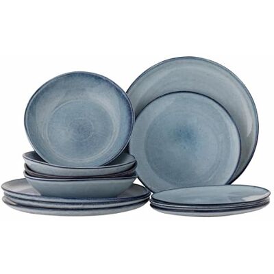 Bloomingville Sandrine 82068305 12-Piece Stoneware Tableware Set, Blue Plates & Bowls, Scandinavian Bloomingville Sandrine 82068305 12-Piece Stoneware Tableware Set, Blue Plates & Bowls, Scandinavian