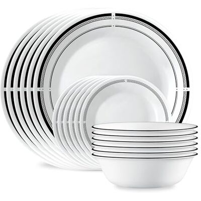 Corelle 18-Piece Round Dinnerware Set, Service for 6, Lightweight Round Plates and Bowls Set, Vitrelle Triple Layer Glass, Chip and Scratch Resistant, Microwave and Dishwasher Safe, Brasserie Corelle 18-Piece Round Dinnerware Set, Service for 6, Lightweight Round Plates and Bowls Set, Vitrelle Triple Layer Glass, Chip and Scratch Resistant, Microwave and Dishwasher Safe, Brasserie