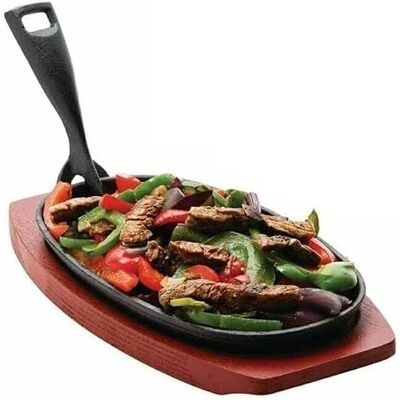 Sizi Large 11” x 7” Oval Cast Iron Sizzler Steak Pan with Wooden Trivet & Detachable Handle Perfect for Fajitas Tapas Meat and Veggies Ideal for Home & Restaurant Use Sizi Large 11” x 7” Oval Cast Iron Sizzler Steak Pan with Wooden Trivet & Detachable Handle Perfect for Fajitas Tapas Meat and Veggies Ideal for Home & Restaurant Use