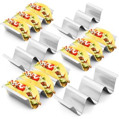 HIYAA Taco Holder, 6 Pack 304 Stainless Steel Taco Stand Tray with Handles Holds Up to 3 or 2 Tacos Each for Hot Dogs, Sandwiches and Pancakes HIYAA Taco Holder, 6 Pack 304 Stainless Steel Taco Stand Tray with Handles Holds Up to 3 or 2 Tacos Each for Hot Dogs, Sandwiches and Pancakes