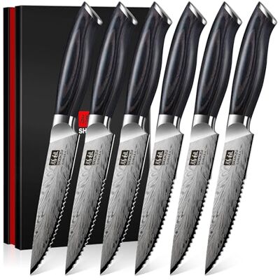 Shan Japanese Steak Knives Set of 6 High Carbon Powder Steel 63 HRC, Razor Sharp 12° Blade Professional Kitchen Knives with Ergonomic Pakkawood Handle for Meat & BBQ Shan Japanese Steak Knives Set of 6 High Carbon Powder Steel 63 HRC, Razor Sharp 12° Blade Professional Kitchen Knives with Ergonomic Pakkawood Handle for Meat & BBQ