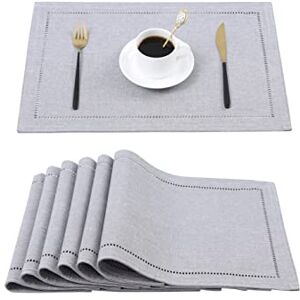 Alcoztily Placemats Set of 6, 19 x 13 inches, Washable Non-Slip Cloth Place Mats, Farmhouse Imitation Linen Fabric Dining Table Mats (Grey) Alcoztily Placemats Set of 6, 19 x 13 inches, Washable Non-Slip Cloth Place Mats, Farmhouse Imitation Linen Fabric Dining Table Mats (Grey)