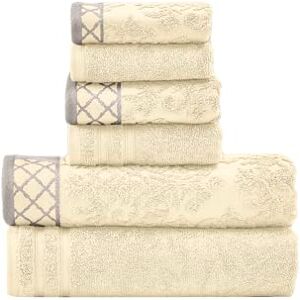 Modern Threads Pacific Coast Textiles Damask Jacquard Towels with Embellished Border Set, Cotton, Ivory, Single Size, 6-Piece Modern Threads Pacific Coast Textiles Damask Jacquard Towels with Embellished Border Set, Cotton, Ivory, Single Size, 6-Piece