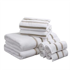 Comfort Spaces Cotton 8 Piece Bath Towel Set Striped Ultra Soft Hotel Quality Quick Dry Absorbent Bathroom Shower Hand Face Washcloths, Multi-Sizes, Zero Twist Taupe 8 Piece Comfort Spaces Cotton 8 Piece Bath Towel Set Striped Ultra Soft Hotel Quality Quick Dry Absorbent Bathroom Shower Hand Face Washcloths, Multi-Sizes, Zero Twist Taupe 8 Piece