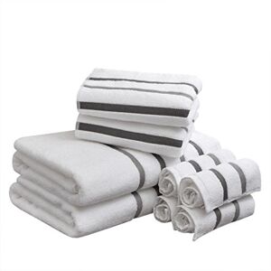 Comfort Spaces Cotton 8 Piece Bath Towel Set Striped Ultra Soft Hotel Quality Quick Dry Absorbent Bathroom Shower Hand Face Washcloths, Multi-Sizes, Zero Twist Charcoal 8 Piece Comfort Spaces Cotton 8 Piece Bath Towel Set Striped Ultra Soft Hotel Quality Quick Dry Absorbent Bathroom Shower Hand Face Washcloths, Multi-Sizes, Zero Twist Charcoal 8 Piece