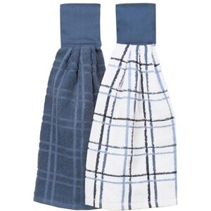 Ritz 100% Cotton Hanging Tie Towels, Federal Blue, Solid & Checked-2 Piece Ritz 100% Cotton Hanging Tie Towels, Federal Blue, Solid & Checked-2 Piece