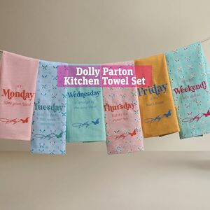 Dolly Parton Days of the Week Kitchen Towel Set 100% Cotton Soft Durable Dishtowel Décor with Dolly Signature Embroidery, Cute Phrases, and Butterflies for Everyday Use Butterfly Multi Colored 6pk Dolly Parton Days of the Week Kitchen Towel Set 100% Cotton Soft Durable Dishtowel Décor with Dolly Signature Embroidery, Cute Phrases, and Butterflies for Everyday Use Butterfly Multi Colored 6pk