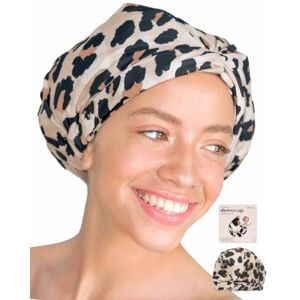 Kitsch Luxury Reusable Shower Cap for Women - Waterproof and Fashionable for Long and Curly Hair - Adjustable Elastic Band Bonnet (Leopard)