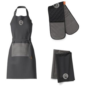 MasterChef Cotton Textiles Kitchen Gift Set, Includes Chef Apron, Double Oven Glove & Pack of 2 Tea Towels, All Items Feature Official Show Logo, Fully Machine Washable, Unisex, Elite Collection MasterChef Cotton Textiles Kitchen Gift Set, Includes Chef Apron, Double Oven Glove & Pack of 2 Tea Towels, All Items Feature Official Show Logo, Fully Machine Washable, Unisex, Elite Collection