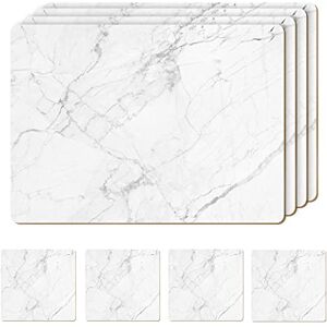 Moderry Set of 4 Heat Resistant Cork Placemats for Dining Table with Free Set of 4 Matching Drink Coasters Marble Design 16 x 12 Inches Cork Backed Hard Placemats (White Marble) Moderry Set of 4 Heat Resistant Cork Placemats for Dining Table with Free Set of 4 Matching Drink Coasters Marble Design 16 x 12 Inches Cork Backed Hard Placemats (White Marble)