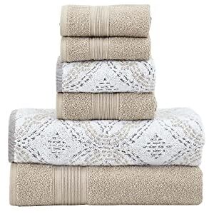 Modern Threads Capri 6-Piece Reversible Yarn Dyed Jacquard Towel Set Bath Towels, Hand Towels, & Washcloths Super Absorbent & Quick Dry 100% Combed Cotton, Khaki Modern Threads Capri 6-Piece Reversible Yarn Dyed Jacquard Towel Set Bath Towels, Hand Towels, & Washcloths Super Absorbent & Quick Dry 100% Combed Cotton, Khaki
