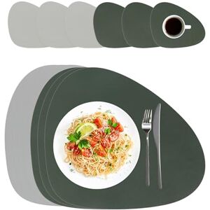 Relaxdays Set of 6 Faux Leather Placemats with Coasters, 30 x 40.5 cm, Wipe Clean Oval Placemat, Grey/Green Relaxdays Set of 6 Faux Leather Placemats with Coasters, 30 x 40.5 cm, Wipe Clean Oval Placemat, Grey/Green