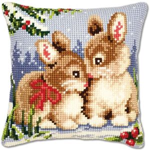 Vervaco Winter Scene Bunnies Cross Stitch Cushion, Multi-Colour Vervaco Winter Scene Bunnies Cross Stitch Cushion, Multi-Colour