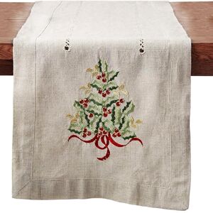 SARO LIFESTYLE 60041.N1690B Holly Collection Christmas Tree Embroidered Table Runner, 80% polyester-20% Linen, Natural SARO LIFESTYLE 60041.N1690B Holly Collection Christmas Tree Embroidered Table Runner, 80% polyester-20% Linen, Natural
