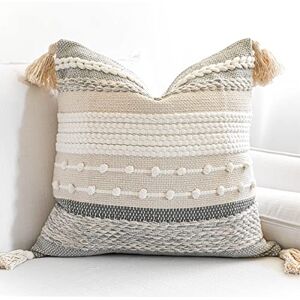 BlissBlush Bluish Gray & Cream Boho Throw Pillow Case, Decorative Woven Textured Pillow Cover, Sofa Couch Pillow Cover with Tassels BlissBlush Bluish Gray & Cream Boho Throw Pillow Case, Decorative Woven Textured Pillow Cover, Sofa Couch Pillow Cover with Tassels