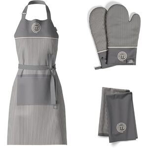MasterChef Set of 3 Tea Towels, Kitchen Apron and Oven Gloves, Heat Resistant, Grey, 100% Cotton with Hanging Loops, Machine Washable MasterChef Set of 3 Tea Towels, Kitchen Apron and Oven Gloves, Heat Resistant, Grey, 100% Cotton with Hanging Loops, Machine Washable