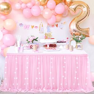 QueenDream 9FT Pink Tulle Table Skirt 2 Layer Tutu Table Skirts Tablecloth with LED for Baby Shower Sweetheart Cake Table Decoration QueenDream 9FT Pink Tulle Table Skirt 2 Layer Tutu Table Skirts Tablecloth with LED for Baby Shower Sweetheart Cake Table Decoration