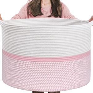 Pink Cotton Rope Basket - Large Storage Bin for Laundry & Kids' Toys - 22" x 22" x 14" Pink Cotton Rope Basket - Large Storage Bin for Laundry & Kids' Toys - 22" x 22" x 14"