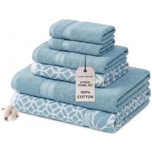Modern Threads Trefoil Filigree 6-Piece Reversible Yarn Dyed Jacquard Towel Set Bath Towels, Hand Towels, & Washcloths Super Absorbent & Quick Dry 100% Combed Cotton, Sterling Blue Modern Threads Trefoil Filigree 6-Piece Reversible Yarn Dyed Jacquard Towel Set Bath Towels, Hand Towels, & Washcloths Super Absorbent & Quick Dry 100% Combed Cotton, Sterling Blue