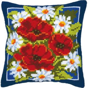 Vervaco Poppies in Blue Background Cross Stitch Cushion, Multi-Colour Vervaco Poppies in Blue Background Cross Stitch Cushion, Multi-Colour