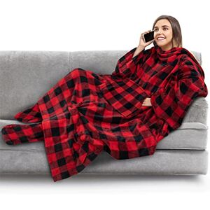 PAVILIA Fleece Blanket with Sleeves and Foot Pockets for Women Men Adults, Wearable Blanket Sleeved Throw Wrap, Plush Hug Sleep Pod Snuggle Blanket Robe, Cozy Gift Ideas Wife Mom, Checkered Red PAVILIA Fleece Blanket with Sleeves and Foot Pockets for Women Men Adults, Wearable Blanket Sleeved Throw Wrap, Plush Hug Sleep Pod Snuggle Blanket Robe, Cozy Gift Ideas Wife Mom, Checkered Red
