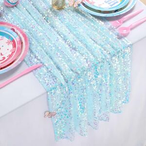 QueenDream Light Blue Table Runner 10FT Iridescent Mermaid Table Runners for Mermaid Birthday Under The Sea Party Decorations QueenDream Light Blue Table Runner 10FT Iridescent Mermaid Table Runners for Mermaid Birthday Under The Sea Party Decorations