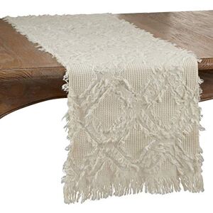 SARO LIFESTYLE Ivoryline Collection Fringe Waffle Weave Table Runner, 16" x 90", Ivory SARO LIFESTYLE Ivoryline Collection Fringe Waffle Weave Table Runner, 16" x 90", Ivory