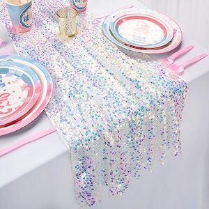 QueenDream White Table Runner: 25x120 Inches Long 10FT Iridescent Sequin Table Runner Glitter Fabric for Party Boho Wedding Summer Mermaid Birthday Decorations QueenDream White Table Runner: 25x120 Inches Long 10FT Iridescent Sequin Table Runner Glitter Fabric for Party Boho Wedding Summer Mermaid Birthday Decorations