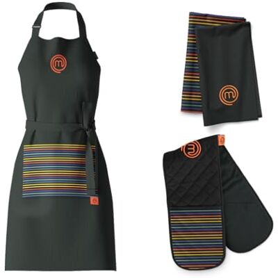 MasterChef Cotton Textiles Kitchen Gift Set, Includes Chef Apron, Double Oven Glove & Pack of 2 Tea Towels, All Items Feature Official Show Logo, Fully Machine Washable, Unisex, Vivid Collection MasterChef Cotton Textiles Kitchen Gift Set, Includes Chef Apron, Double Oven Glove & Pack of 2 Tea Towels, All Items Feature Official Show Logo, Fully Machine Washable, Unisex, Vivid Collection