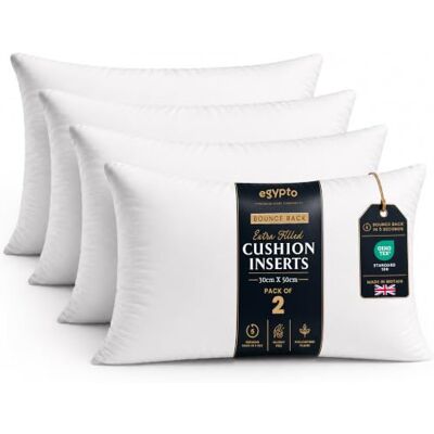 EGYPTO Pack of 4 Cushion Inserts 30cm x 50cm Plump Bounce Back 12x20 Inch Cushion Pads Hypoallergenic Sofa & Throw Pillows Inner Made in UK EGYPTO Pack of 4 Cushion Inserts 30cm x 50cm Plump Bounce Back 12x20 Inch Cushion Pads Hypoallergenic Sofa & Throw Pillows Inner Made in UK