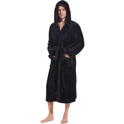 Inner Wish Mens Hooded Robe, Plush Long Bath robes Cozy Warm Bathrobe Fuzzy male Spa Robe With Pockets, Black+black, L/XL Inner Wish Mens Hooded Robe, Plush Long Bath robes Cozy Warm Bathrobe Fuzzy male Spa Robe With Pockets, Black+black, L/XL