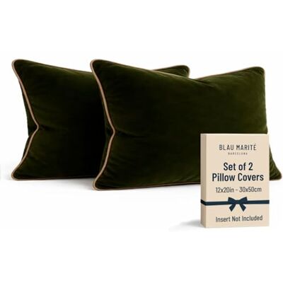 Blau Marité Set of 2 Velvet Throw Pillow Covers with Contrast Piping, Soft Decorative Cushion Covers, Green and Camel, 12"x20" (30x50 cm). Blau Marité Set of 2 Velvet Throw Pillow Covers with Contrast Piping, Soft Decorative Cushion Covers, Green and Camel, 12"x20" (30x50 cm).