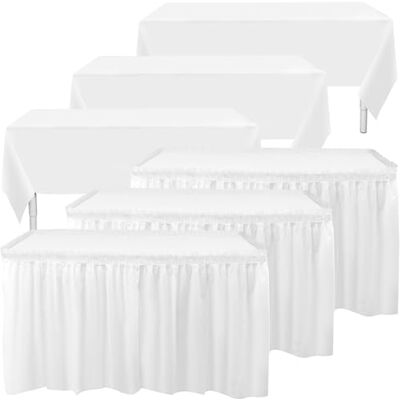 Preocea 6 Pack Plastic Table Skirts and Table Cloths, 3Pcs 54 x 108 in Stain Proof Plastic Tablecloth, 3Pcs 168 x 29 in Disposable Tablecloth Skirt for Rectangle Tables Wedding Party Baby Shower, White Preocea 6 Pack Plastic Table Skirts and Table Cloths, 3Pcs 54 x 108 in Stain Proof Plastic Tablecloth, 3Pcs 168 x 29 in Disposable Tablecloth Skirt for Rectangle Tables Wedding Party Baby Shower, White