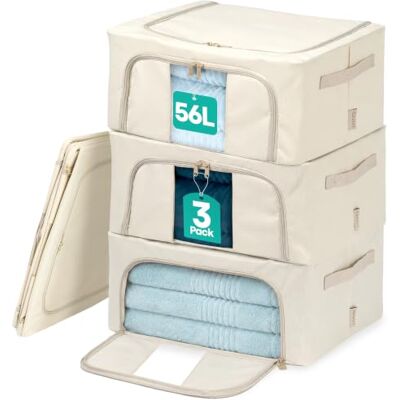 LIVIVO Set of 3 Storage Bags Boxes Organiser Collapsible Storage Box with Double Opening Zips & Clear Windows for Storing Duvets, Blankets, Bedding, Clothes, Towels, Sweaters, Toys 56L, Beige LIVIVO Set of 3 Storage Bags Boxes Organiser Collapsible Storage Box with Double Opening Zips & Clear Windows for Storing Duvets, Blankets, Bedding, Clothes, Towels, Sweaters, Toys 56L, Beige