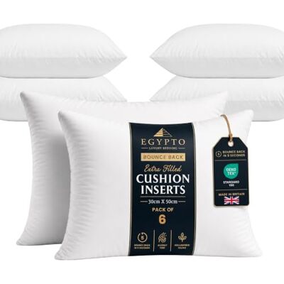 EGYPTO Pack of 6 Cushion Inserts 30cm x 50cm Plump Bounce Back 12x20 Inch Cushion Pads Hypoallergenic Sofa & Throw Pillows Inner Made in UK EGYPTO Pack of 6 Cushion Inserts 30cm x 50cm Plump Bounce Back 12x20 Inch Cushion Pads Hypoallergenic Sofa & Throw Pillows Inner Made in UK