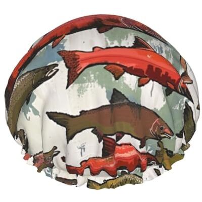 kkvhhyuo Large Waterproof Shower Cap with Adjustable Elastic Band Salmon Print Shower Cap Hair Cover For Women Spa Bathing Swimming Makeup Travel, One Size kkvhhyuo Large Waterproof Shower Cap with Adjustable Elastic Band Salmon Print Shower Cap Hair Cover For Women Spa Bathing Swimming Makeup Travel, One Size