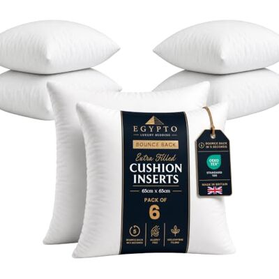 EGYPTO Pack of 6 Cushion Inserts 65cm x 65cm Plump Bounce Back 26x26 Inch Cushion Pads Hypoallergenic Sofa & Throw Pillows Inner Made in UK EGYPTO Pack of 6 Cushion Inserts 65cm x 65cm Plump Bounce Back 26x26 Inch Cushion Pads Hypoallergenic Sofa & Throw Pillows Inner Made in UK