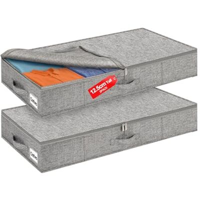 Huquter 40L 12cm Tall Shallow Underbed Storage Boxes with Zipped Lids, 2 Pack, Grey Sturdy Sides and Base, Slim Low-Profile Design, for Clothes, Duvets and Bedding Storage, Wardrobe, Under Bed, Sofa & Cot Huquter 40L 12cm Tall Shallow Underbed Storage Boxes with Zipped Lids, 2 Pack, Grey Sturdy Sides and Base, Slim Low-Profile Design, for Clothes, Duvets and Bedding Storage, Wardrobe, Under Bed, Sofa & Cot